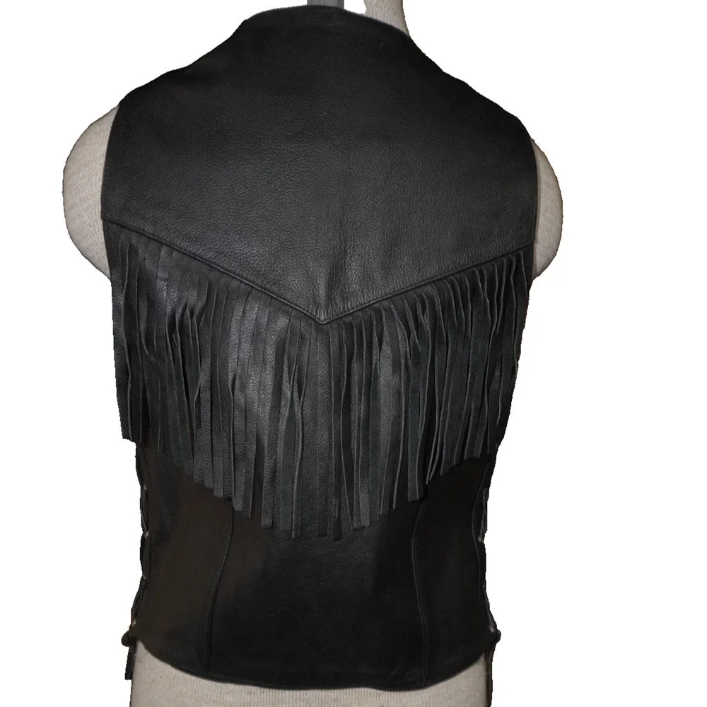 Vintage Black Leather Fringe Biker Vest Men’s M/L — Western Motorcycle Side Lace